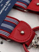 Albert Thurston for Cruciani & Bella Made in England 2 in 1 Adjustable Sizing 35 mm elastic braces Light Blue, Grey and Red Stripes Y-Shaped Nickel Fittings #4875