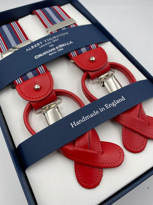 Albert Thurston for Cruciani & Bella Made in England 2 in 1 Adjustable Sizing 35 mm elastic braces Light Blue, Grey and Red Stripes Y-Shaped Nickel Fittings #4875