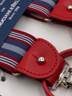 Albert Thurston for Cruciani & Bella Made in England 2 in 1 Adjustable Sizing 35 mm elastic braces Light Blue, Grey and Red Stripes Y-Shaped Nickel Fittings #4875