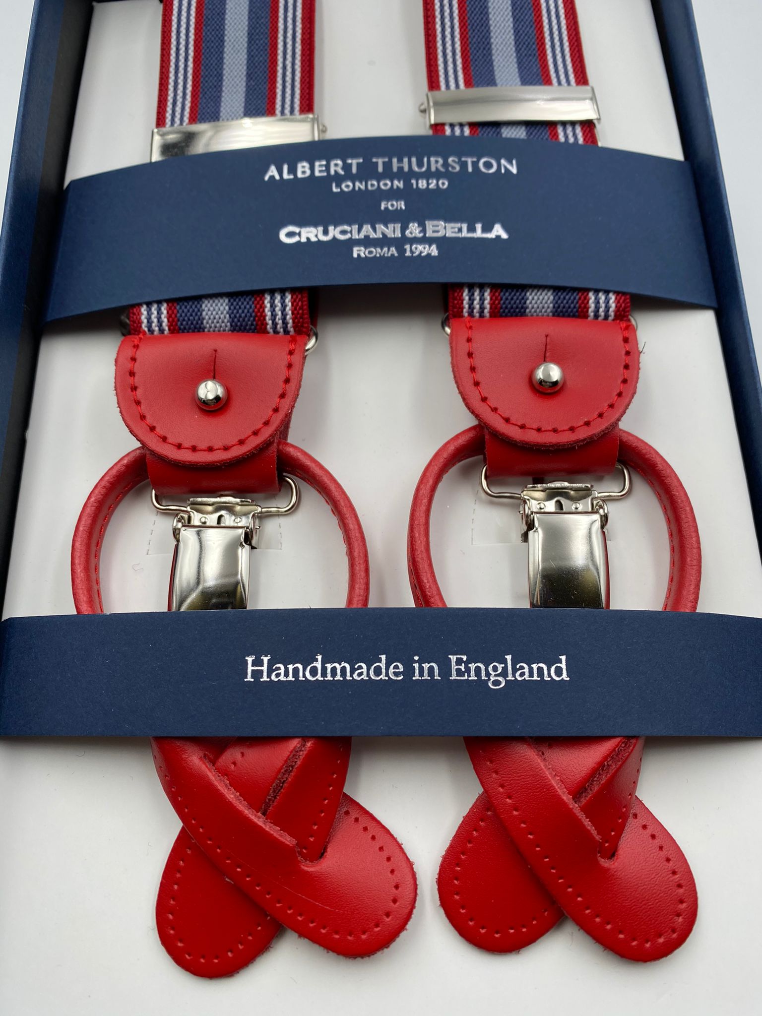 Albert Thurston for Cruciani & Bella Made in England 2 in 1 Adjustable Sizing 35 mm elastic braces Light Blue, Grey and Red Stripes Y-Shaped Nickel Fittings #4875