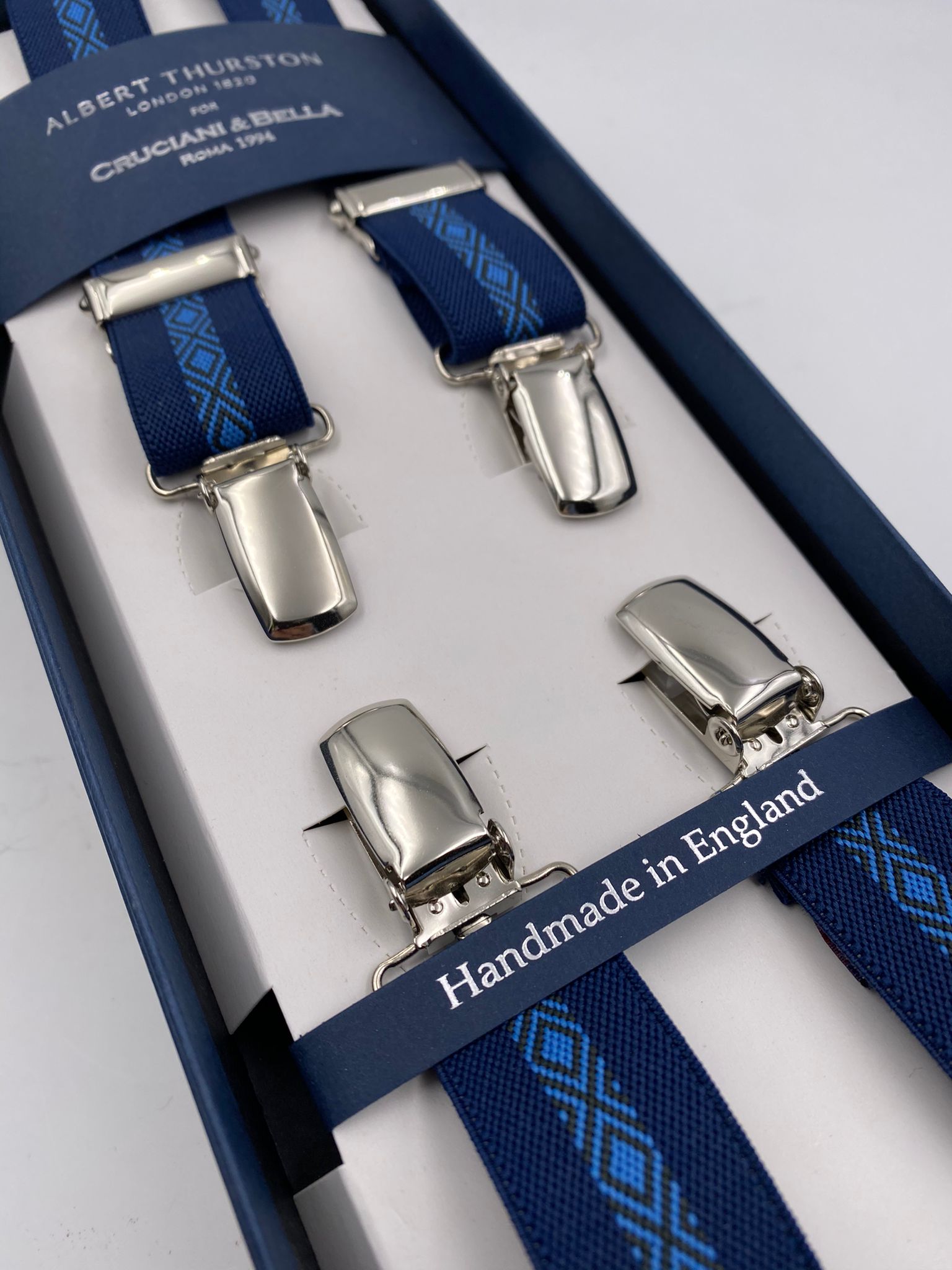 Albert Thurston for Cruciani & Bella Made in England Clip on Adjustable Sizing 25 mm elastic braces Blue and Light Blue Patterned X-Shaped Nickel Fittings Size: L #4837