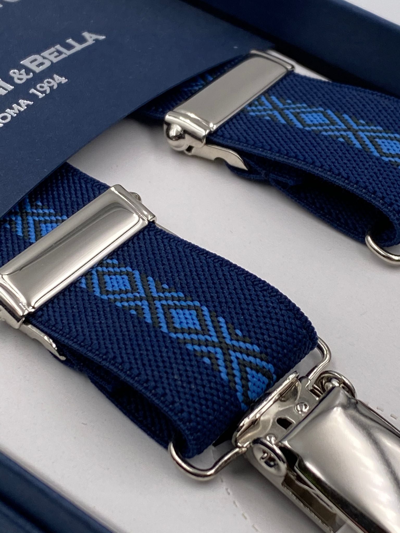 Albert Thurston for Cruciani & Bella Made in England Clip on Adjustable Sizing 25 mm elastic braces Blue and Light Blue Patterned X-Shaped Nickel Fittings Size: L #4837