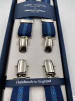Albert Thurston for Cruciani & Bella Made in England Clip on Adjustable Sizing 25 mm elastic braces Blue and Light Blue Patterned X-Shaped Nickel Fittings Size: L #4837