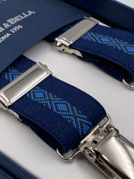 Albert Thurston for Cruciani & Bella Made in England Clip on Adjustable Sizing 25 mm elastic braces Blue and Light Blue Patterned X-Shaped Nickel Fittings Size: L #4837