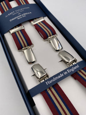 Albert Thurston for Cruciani & Bella Made in England Clip on Adjustable Sizing 25 mm elastic braces Bourgundy, Blue and Beige Stripes X-Shaped Nickel Fittings Size: L #4843