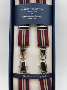 Albert Thurston for Cruciani & Bella Made in England Clip on Adjustable Sizing 25 mm elastic braces Bourgundy, Blue and Beige Stripes X-Shaped Nickel Fittings Size: L #4843