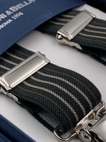 Albert Thurston for Cruciani & Bella Made in England Clip on Adjustable Sizing 25 mm elastic braces Green and Beige Stripes X-Shaped Nickel Fittings Size: L #4844