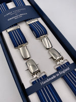 Albert Thurston for Cruciani & Bella Made in England Clip on Adjustable Sizing 25 mm elastic braces Blue and White Stripes X-Shaped Nickel Fittings Size: L #4845