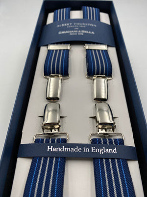 Albert Thurston for Cruciani & Bella Made in England Clip on Adjustable Sizing 25 mm elastic braces Blue and White Stripes X-Shaped Nickel Fittings Size: L #4845