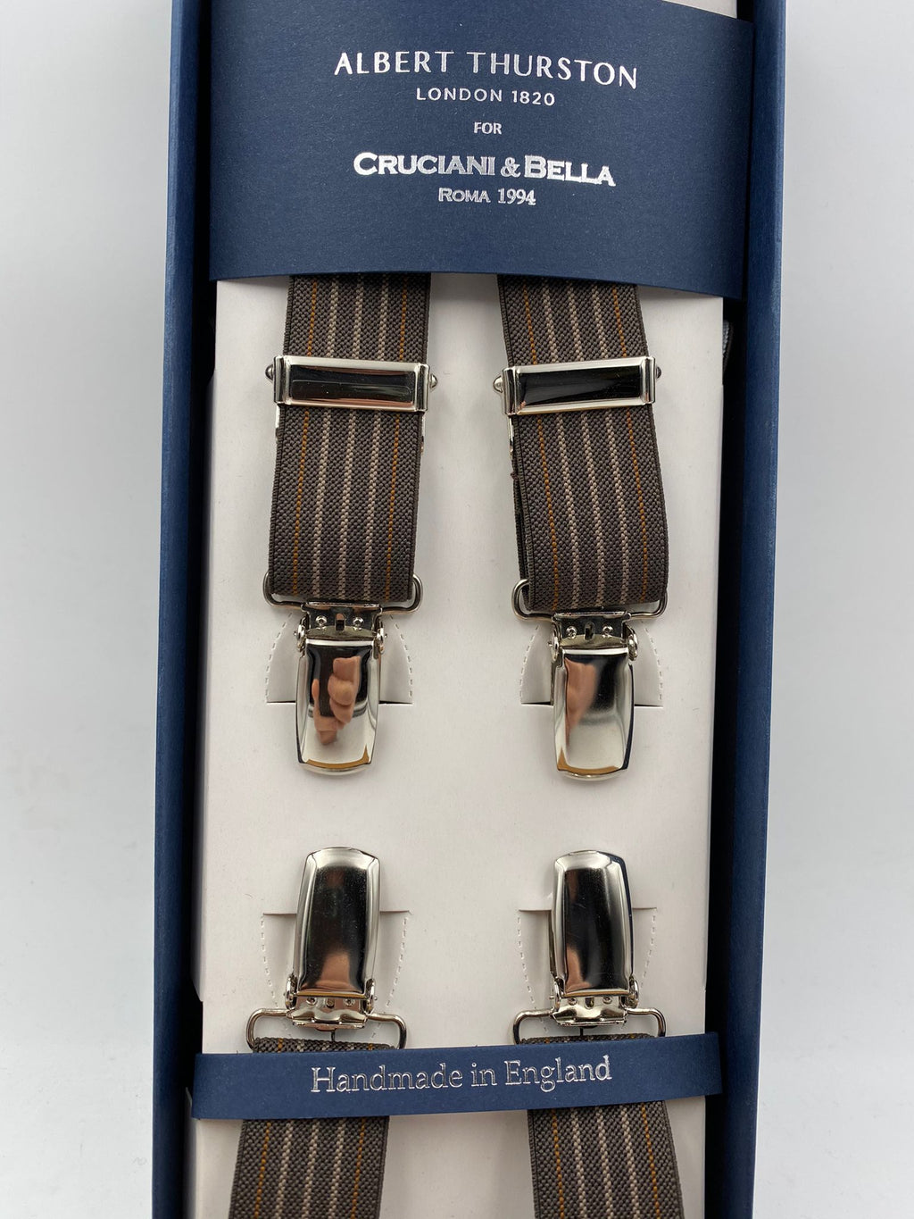 Albert Thurston for Cruciani & Bella Made in England Clip on Adjustable Sizing 25 mm elastic braces Brown and Orange Stripes X-Shaped Nickel Fittings Size: L #4846