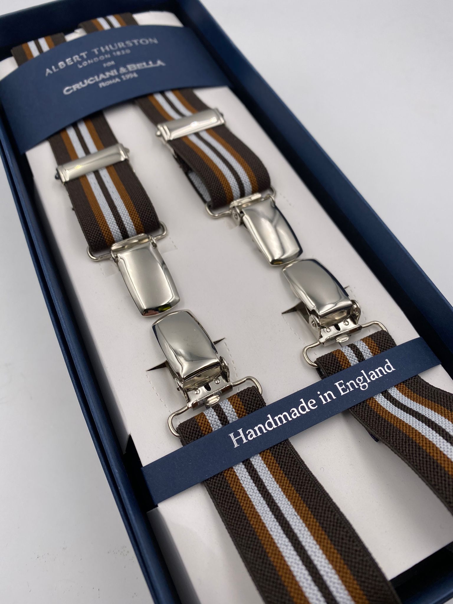 Albert Thurston for Cruciani & Bella Made in England Clip on Adjustable Sizing 25 mm elastic braces Brown and White Stripes X-Shaped Nickel Fittings Size: L #4856