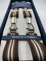 Albert Thurston for Cruciani & Bella Made in England Clip on Adjustable Sizing 25 mm elastic braces Brown and White Stripes X-Shaped Nickel Fittings Size: L #4856