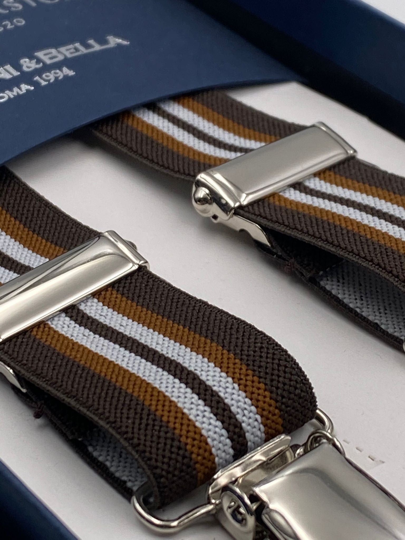 Albert Thurston for Cruciani & Bella Made in England Clip on Adjustable Sizing 25 mm elastic braces Brown and White Stripes X-Shaped Nickel Fittings Size: L #4856