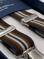 Albert Thurston for Cruciani & Bella Made in England Clip on Adjustable Sizing 25 mm elastic braces Brown and White Stripes X-Shaped Nickel Fittings Size: L #4856
