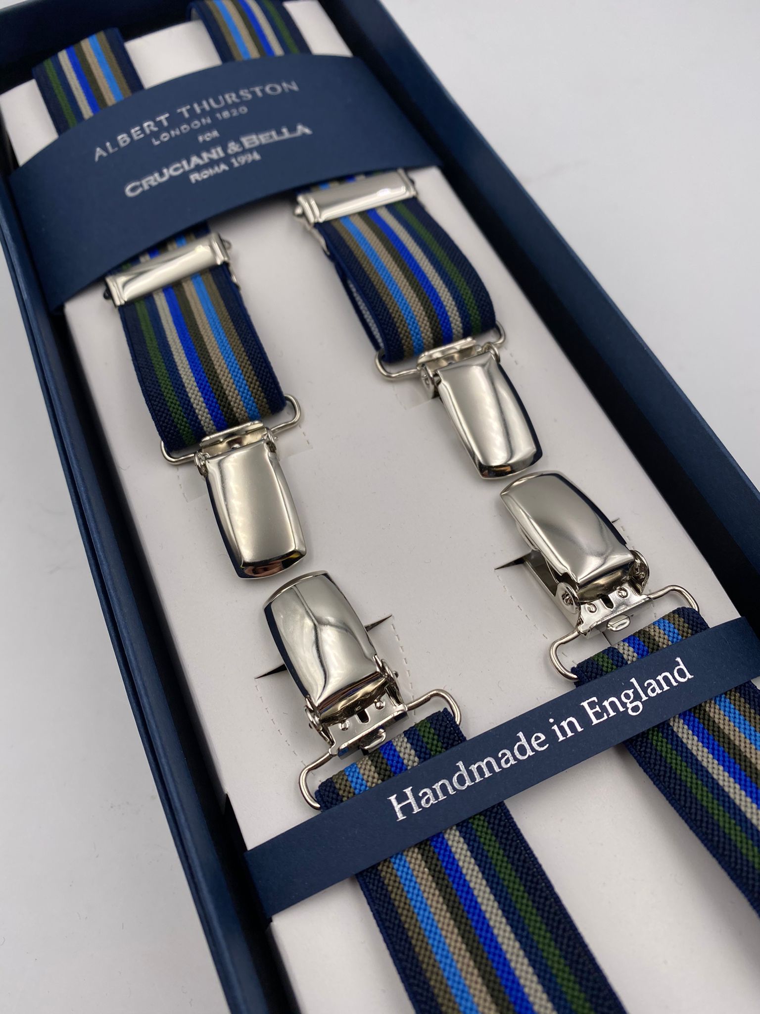 Albert Thurston for Cruciani & Bella Made in England Clip on Adjustable Sizing 25 mm elastic braces Multicolor Stripes X-Shaped Nickel Fittings Size: L #4847