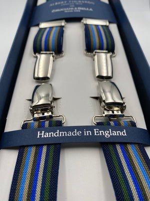 Albert Thurston for Cruciani & Bella Made in England Clip on Adjustable Sizing 25 mm elastic braces Multicolor Stripes X-Shaped Nickel Fittings Size: L #4847