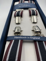 Albert Thurston for Cruciani & Bella Made in England Clip on Adjustable Sizing 25 mm elastic braces Black and Bourgundy Stripes X-Shaped Nickel Fittings Size: L #4848