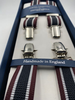 Albert Thurston for Cruciani & Bella Made in England Clip on Adjustable Sizing 25 mm elastic braces Black and Bourgundy Stripes X-Shaped Nickel Fittings Size: L #4848