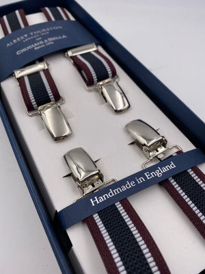 Albert Thurston for Cruciani & Bella Made in England Clip on Adjustable Sizing 25 mm elastic braces Black and Bourgundy Stripes X-Shaped Nickel Fittings Size: L #4848