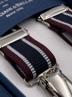 Albert Thurston for Cruciani & Bella Made in England Clip on Adjustable Sizing 25 mm elastic braces Black and Bourgundy Stripes X-Shaped Nickel Fittings Size: L #4848