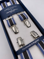 Albert Thurston for Cruciani & Bella Made in England Clip on Adjustable Sizing 25 mm elastic braces Brown and Light Blue Stripes X-Shaped Nickel Fittings Size: L #4849