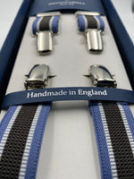 Albert Thurston for Cruciani & Bella Made in England Clip on Adjustable Sizing 25 mm elastic braces Brown and Light Blue Stripes X-Shaped Nickel Fittings Size: L #4849