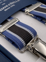 Albert Thurston for Cruciani & Bella Made in England Clip on Adjustable Sizing 25 mm elastic braces Brown and Light Blue Stripes X-Shaped Nickel Fittings Size: L #4849