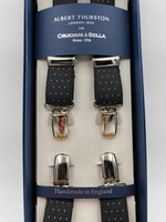 Albert Thurston for Cruciani & Bella Made in England Clip on Adjustable Sizing 25 mm elastic braces Black whit White Dots X-Shaped Nickel Fittings Size: L #4122