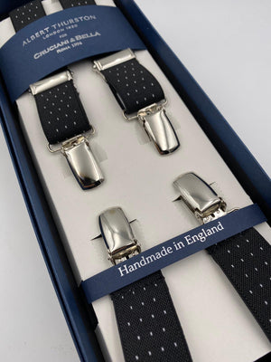 Albert Thurston for Cruciani & Bella Made in England Clip on Adjustable Sizing 25 mm elastic braces Black whit White Dots X-Shaped Nickel Fittings Size: L #4122