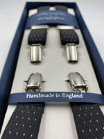 Albert Thurston for Cruciani & Bella Made in England Clip on Adjustable Sizing 25 mm elastic braces Black whit White Dots X-Shaped Nickel Fittings Size: L #4122