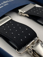 Albert Thurston for Cruciani & Bella Made in England Clip on Adjustable Sizing 25 mm elastic braces Black whit White Dots X-Shaped Nickel Fittings Size: L #4122