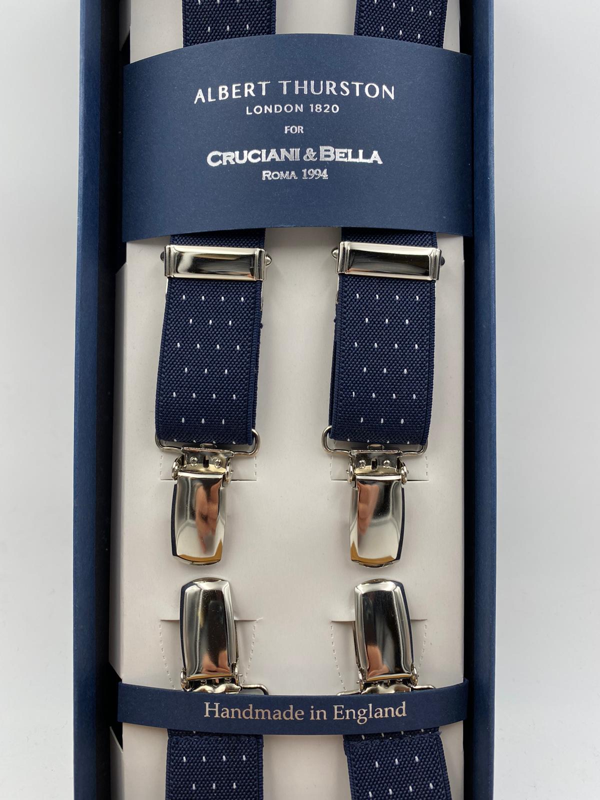 Albert Thurston for Cruciani & Bella Made in England Clip on Adjustable Sizing 25 mm elastic braces Blue whit White Dots X-Shaped Nickel Fittings Size: L #4834