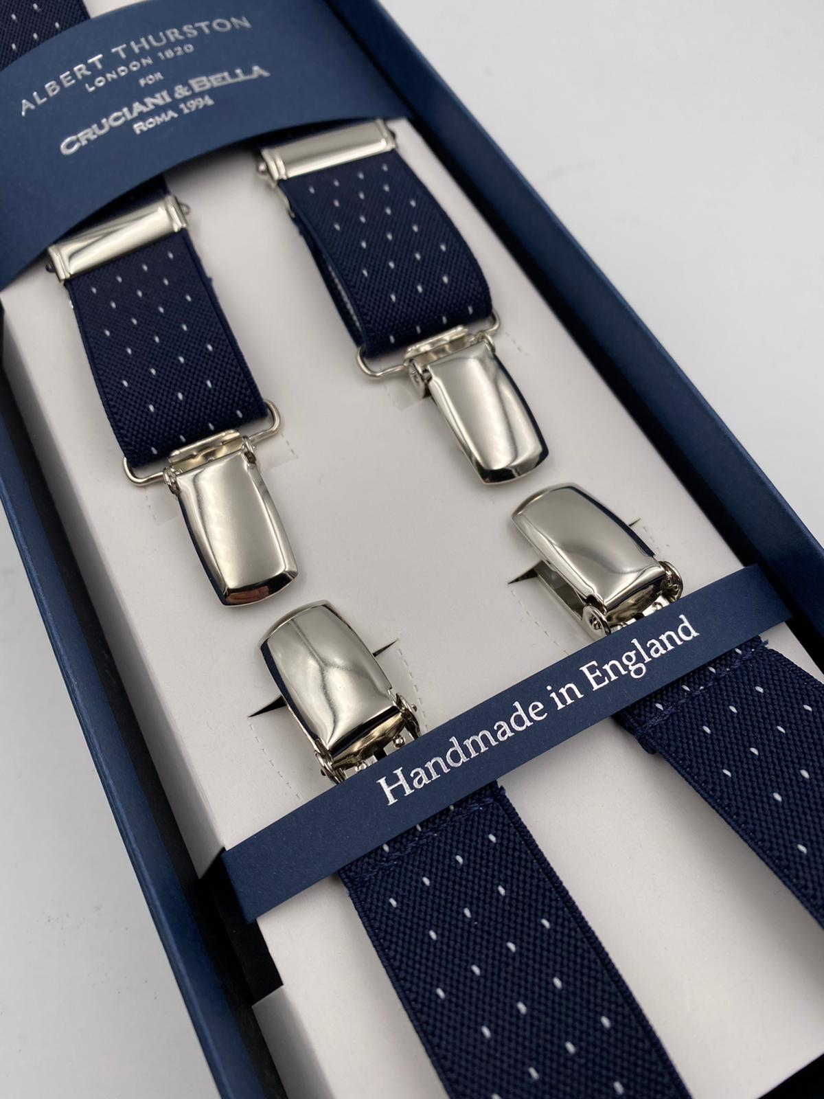 Albert Thurston for Cruciani & Bella Made in England Clip on Adjustable Sizing 25 mm elastic braces Blue whit White Dots X-Shaped Nickel Fittings Size: L #4834