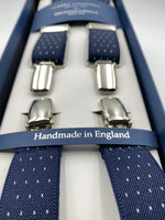 Albert Thurston for Cruciani & Bella Made in England Clip on Adjustable Sizing 25 mm elastic braces Blue whit White Dots X-Shaped Nickel Fittings Size: L #4834