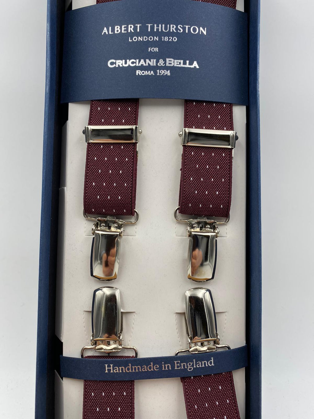 Albert Thurston for Cruciani & Bella Made in England Clip on Adjustable Sizing 25 mm elastic braces Bourgundy whit White Dots X-Shaped Nickel Fittings Size: L #4835