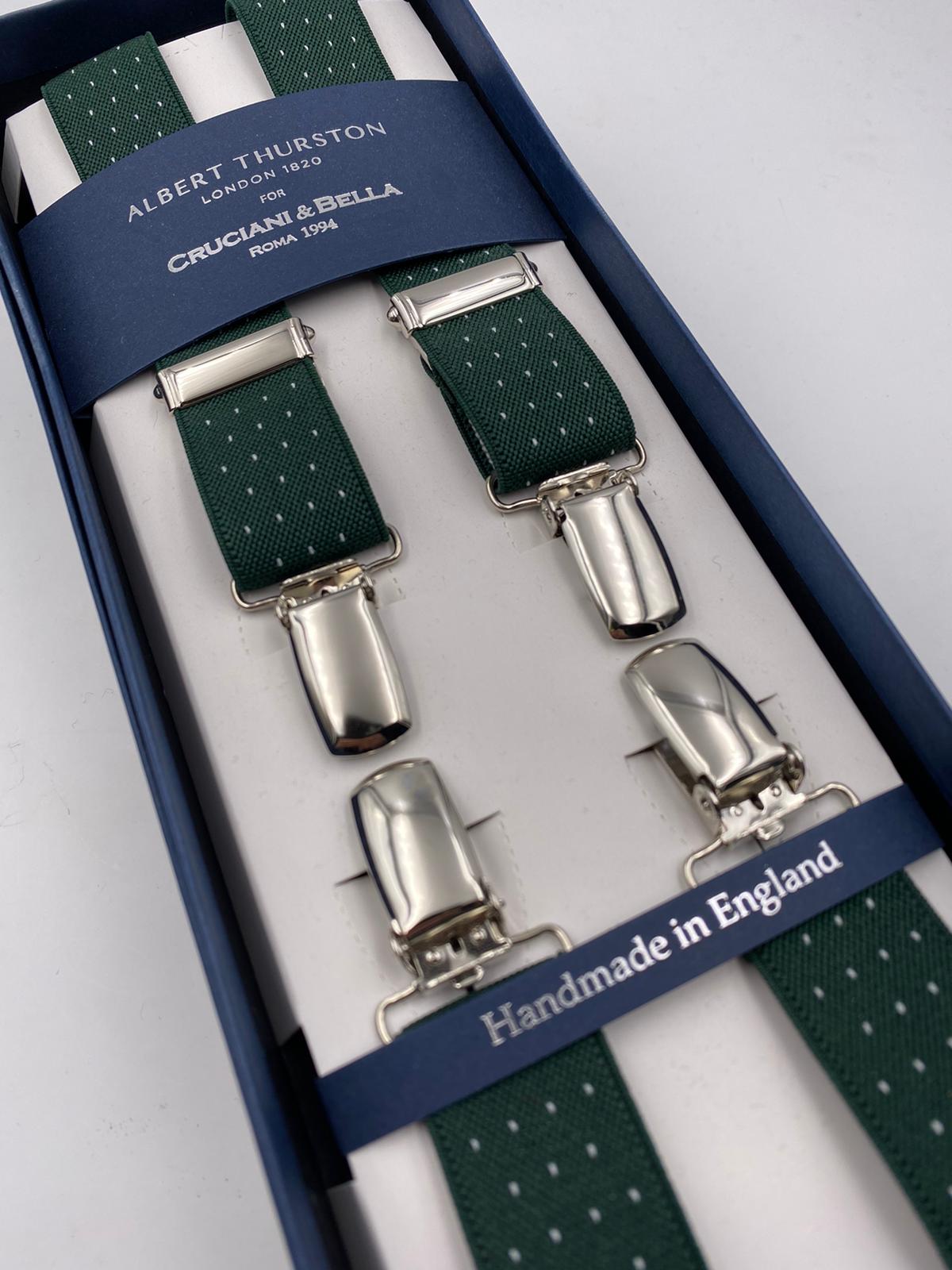 Albert Thurston for Cruciani & Bella Made in England Clip on Adjustable Sizing 25 mm elastic braces Green whit White Dots X-Shaped Nickel Fittings Size: L #4836