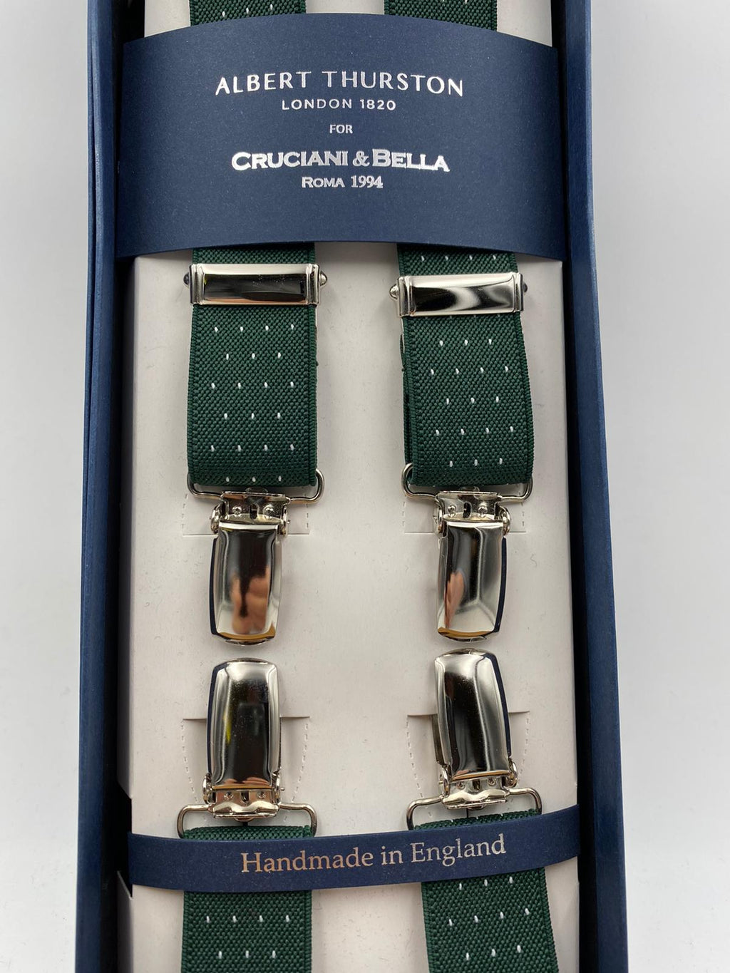 Albert Thurston for Cruciani & Bella Made in England Clip on Adjustable Sizing 25 mm elastic braces Green whit White Dots X-Shaped Nickel Fittings Size: L #4836