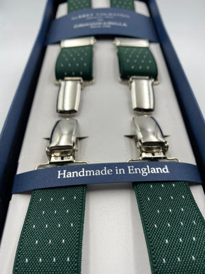 Albert Thurston for Cruciani & Bella Made in England Clip on Adjustable Sizing 25 mm elastic braces Green whit White Dots X-Shaped Nickel Fittings Size: L #4836