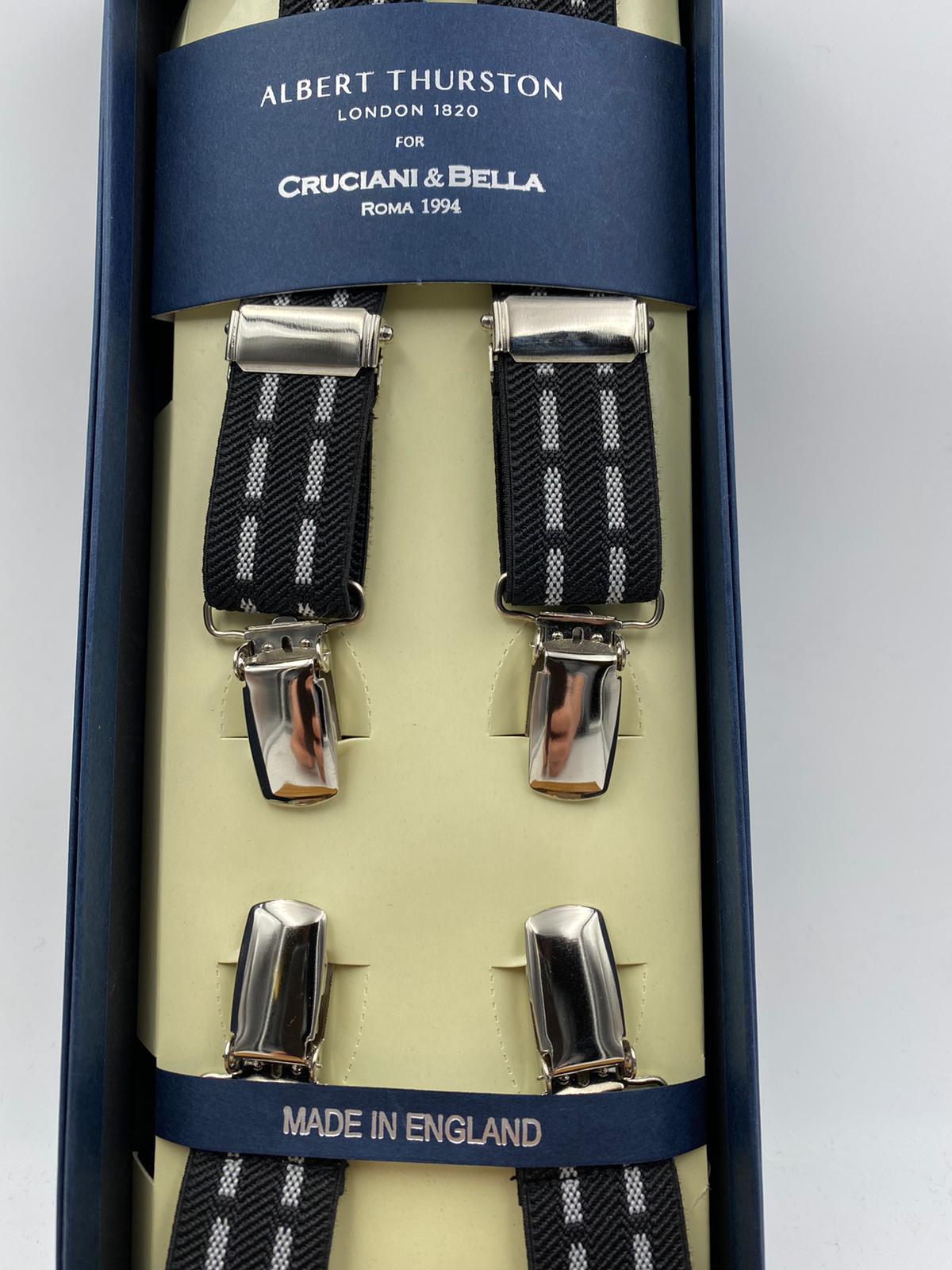 Albert Thurston for Cruciani & Bella Made in England Clip on Adjustable Sizing 25 mm elastic braces Black and White Stripes X-Shaped Nickel Fittings Size: L #0272