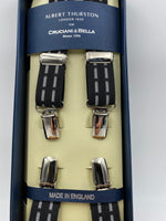 Albert Thurston for Cruciani & Bella Made in England Clip on Adjustable Sizing 25 mm elastic braces Black and White Stripes X-Shaped Nickel Fittings Size: L #0272