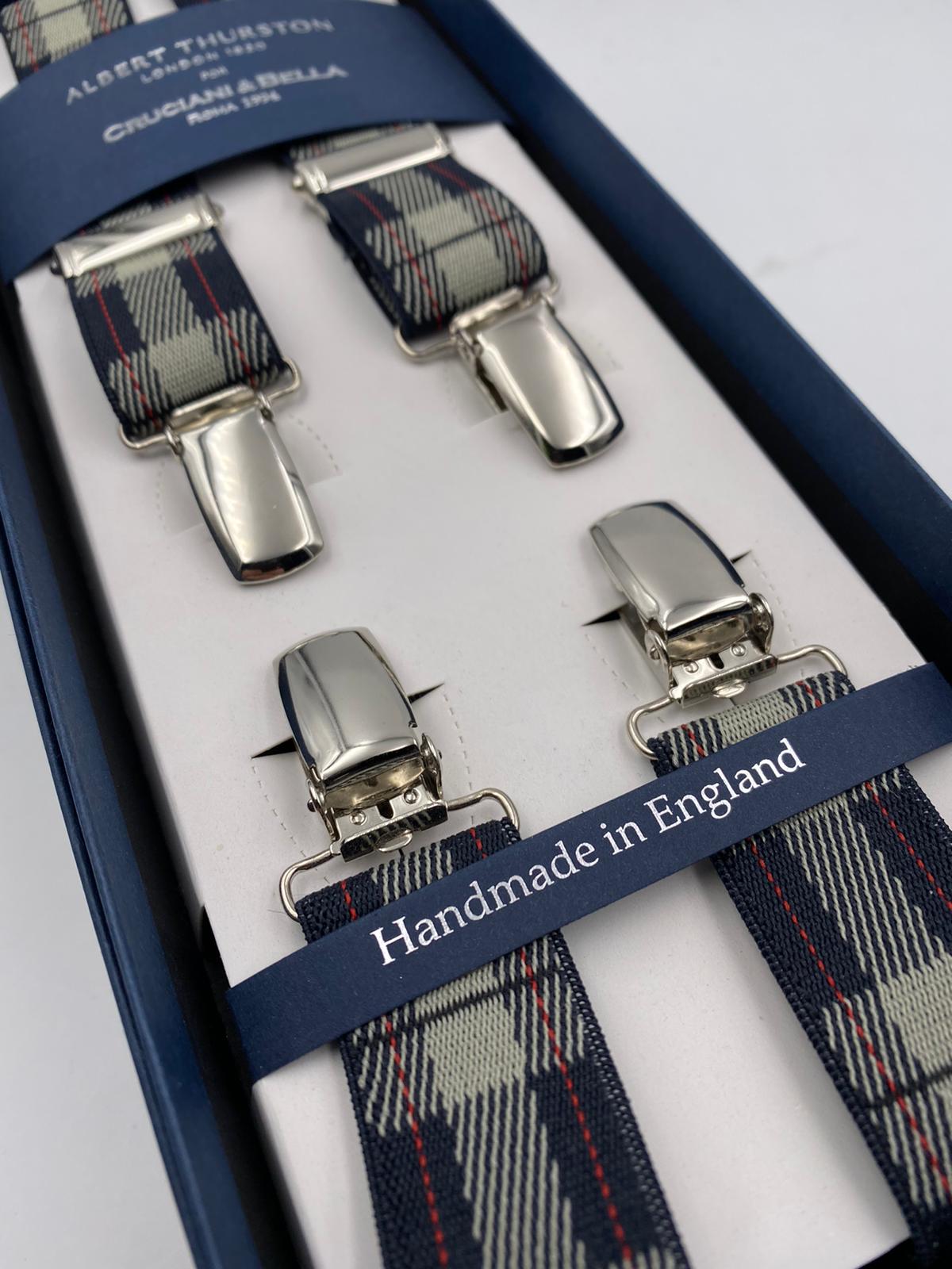 Albert Thurston for Cruciani & Bella Made in England Clip on Adjustable Sizing 25 mm elastic braces Blue, Grey and Red Tartan X-Shaped Nickel Fittings Size: L #4858