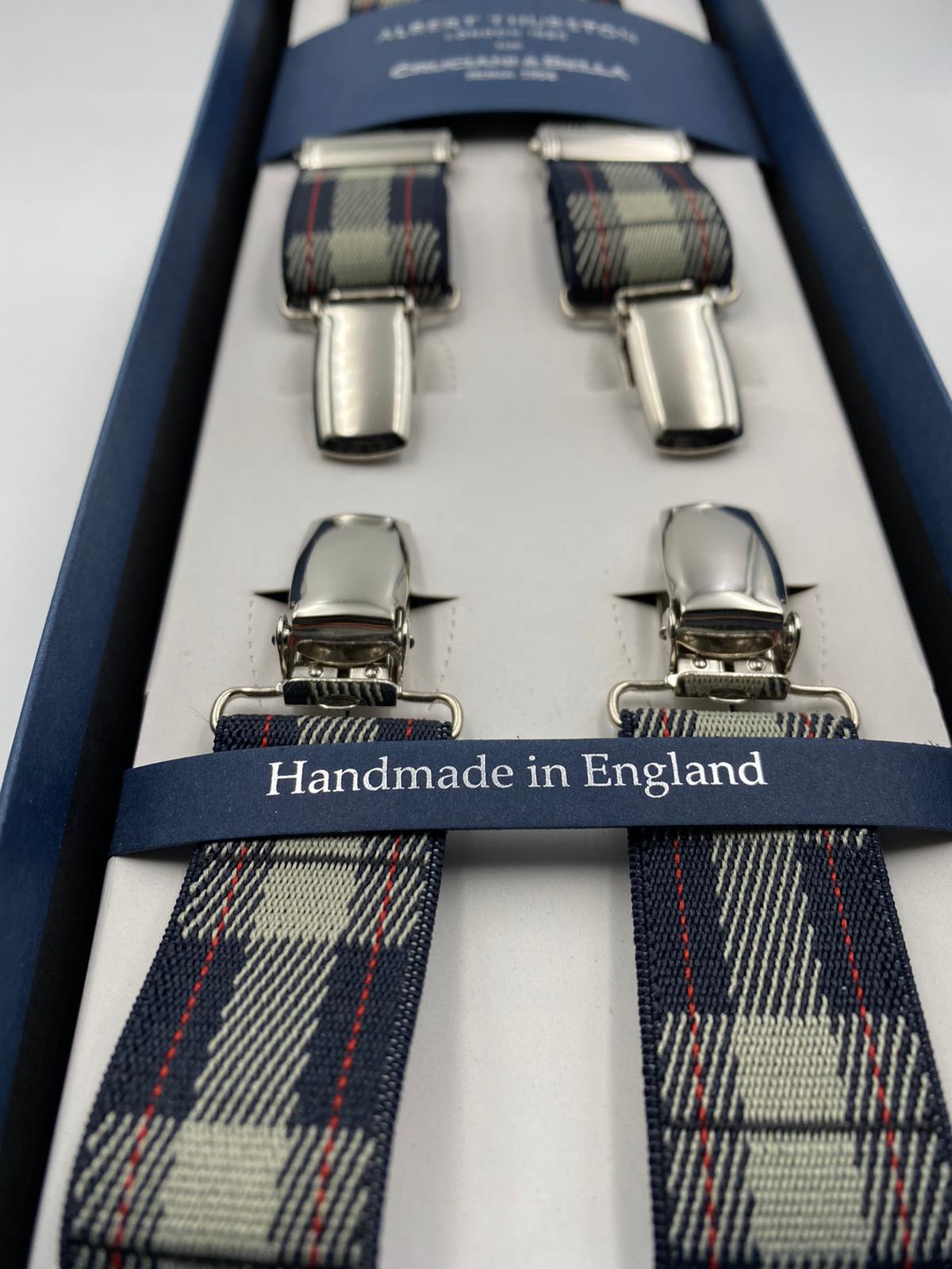 Albert Thurston for Cruciani & Bella Made in England Clip on Adjustable Sizing 25 mm elastic braces Blue, Grey and Red Tartan X-Shaped Nickel Fittings Size: L #4858