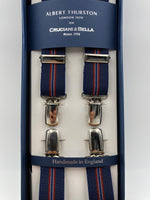 Albert Thurston for Cruciani & Bella Made in England Clip on Adjustable Sizing 25 mm elastic braces Blue and Red Stripes X-Shaped Nickel Fittings Size: L #4859