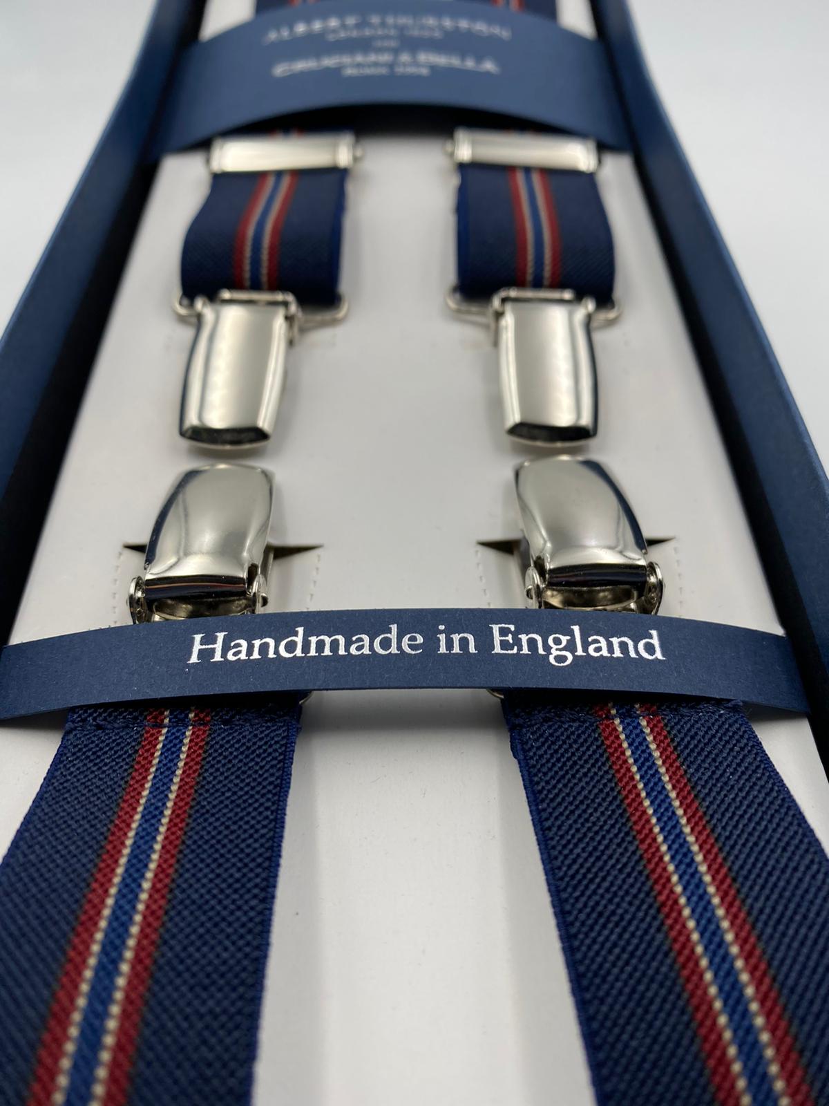 Albert Thurston for Cruciani & Bella Made in England Clip on Adjustable Sizing 25 mm elastic braces Blue and Red Stripes X-Shaped Nickel Fittings Size: L #4859