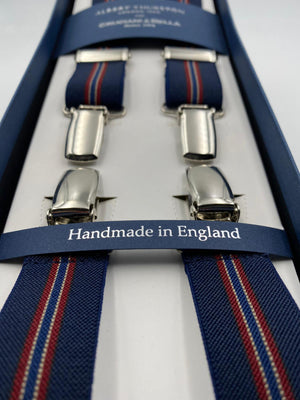 Albert Thurston for Cruciani & Bella Made in England Clip on Adjustable Sizing 25 mm elastic braces Blue and Red Stripes X-Shaped Nickel Fittings Size: L #4859