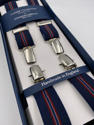 Albert Thurston for Cruciani & Bella Made in England Clip on Adjustable Sizing 25 mm elastic braces Blue and Red Stripes X-Shaped Nickel Fittings Size: L #4859