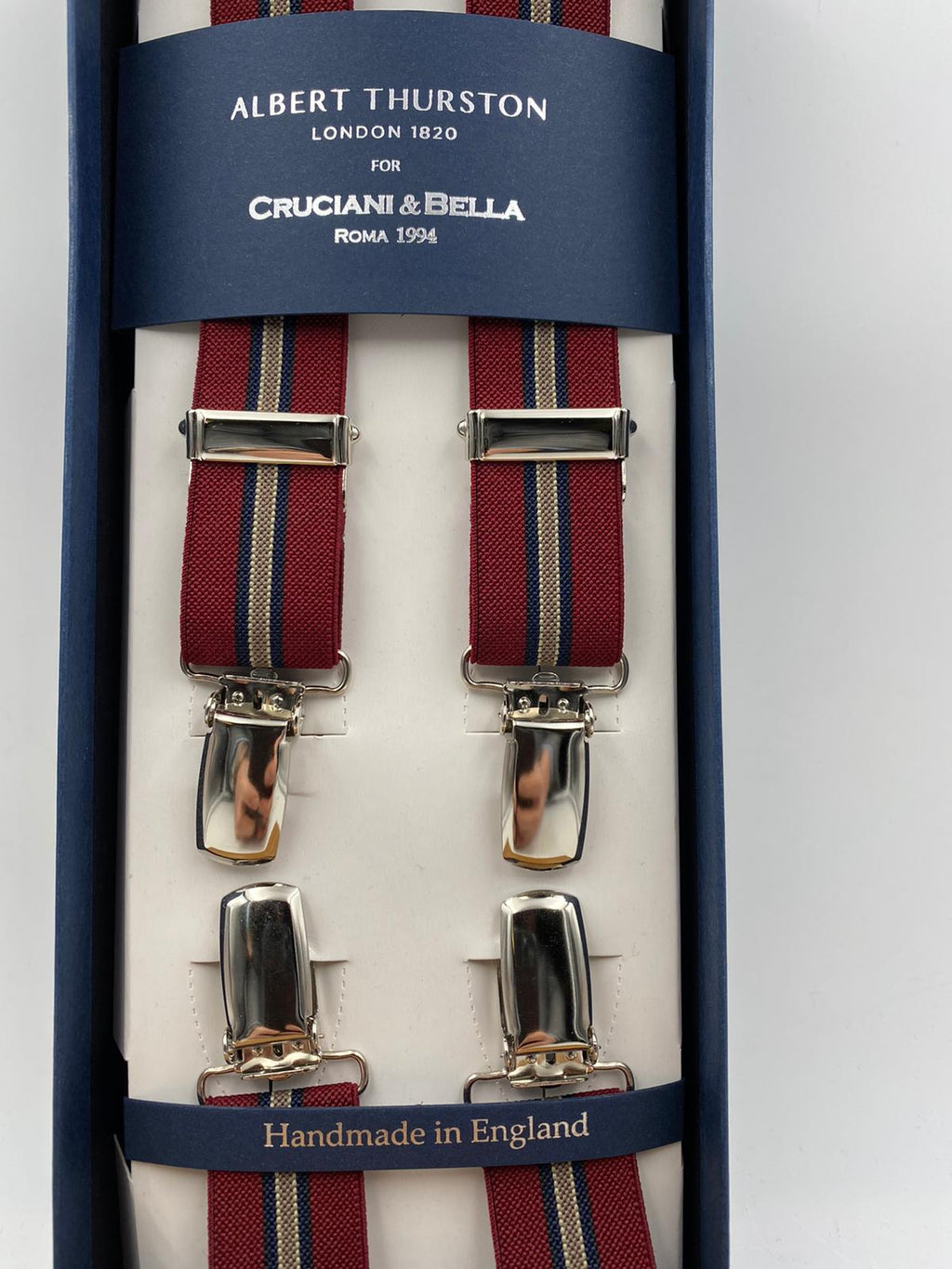 Albert Thurston for Cruciani & Bella Made in England Clip on Adjustable Sizing 25 mm elastic braces Bourgundy and Blue Stripes X-Shaped Nickel Fittings Size: L #4860