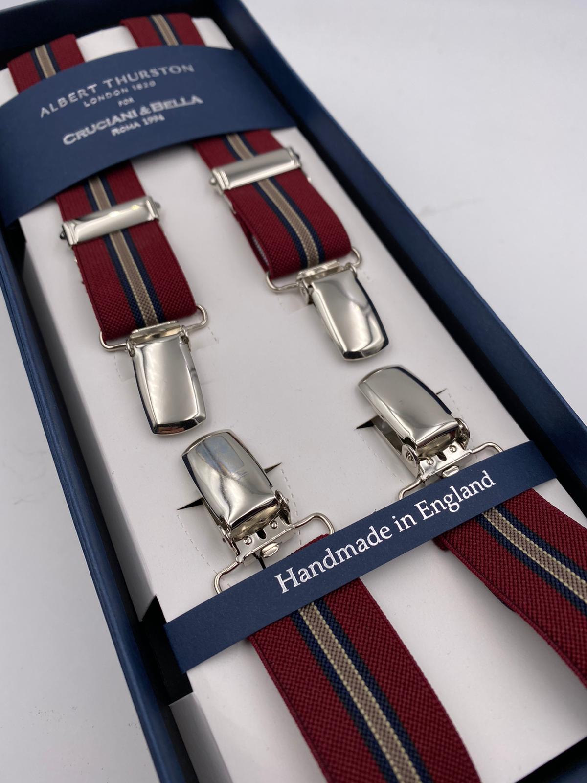 Albert Thurston for Cruciani & Bella Made in England Clip on Adjustable Sizing 25 mm elastic braces Bourgundy and Blue Stripes X-Shaped Nickel Fittings Size: L #4860