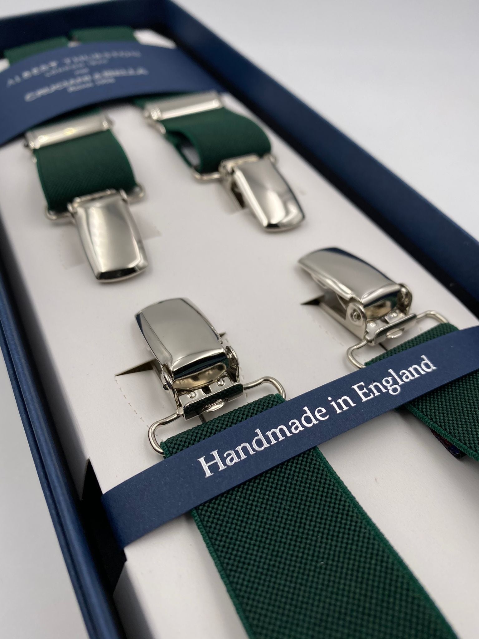 Albert Thurston for Cruciani & Bella Made in England Clip on Adjustable Sizing 25 mm elastic braces Green Plain Color X-Shaped Nickel Fittings Size: L #4851