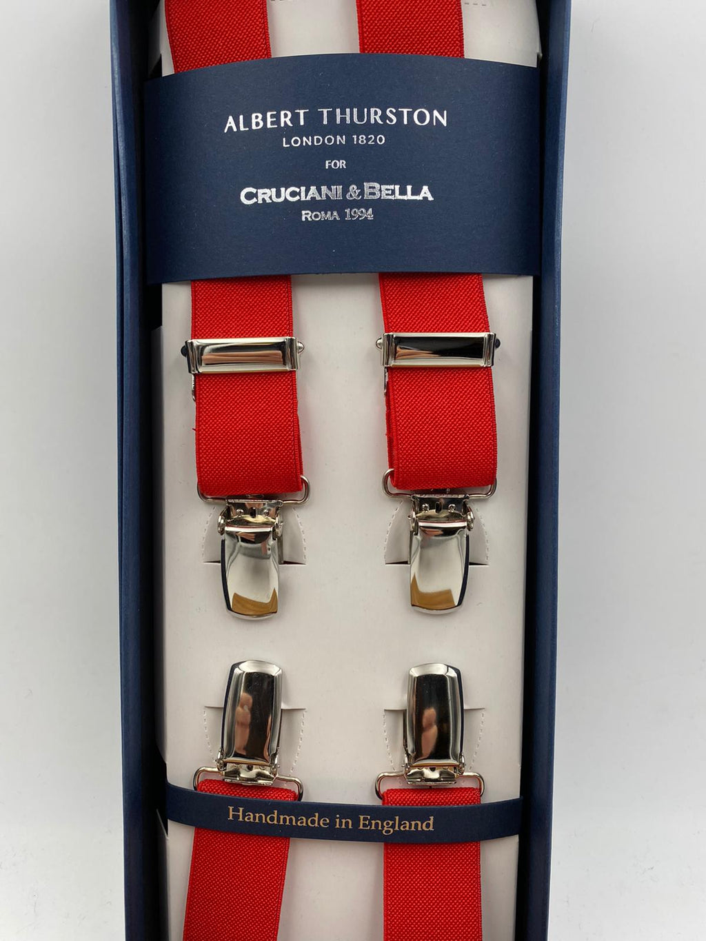 Albert Thurston for Cruciani & Bella Made in England Clip on Adjustable Sizing 25 mm elastic braces Red Plain Color X-Shaped Nickel Fittings Size: L #4853